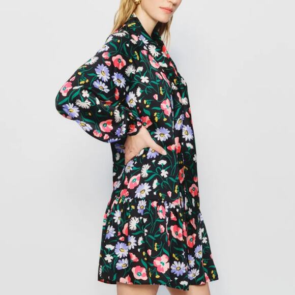 Kate Spade Black Floral Babydoll Mini Dress MEDIUM Bow Work Preppy Designer $300 - Picture 2 of 12